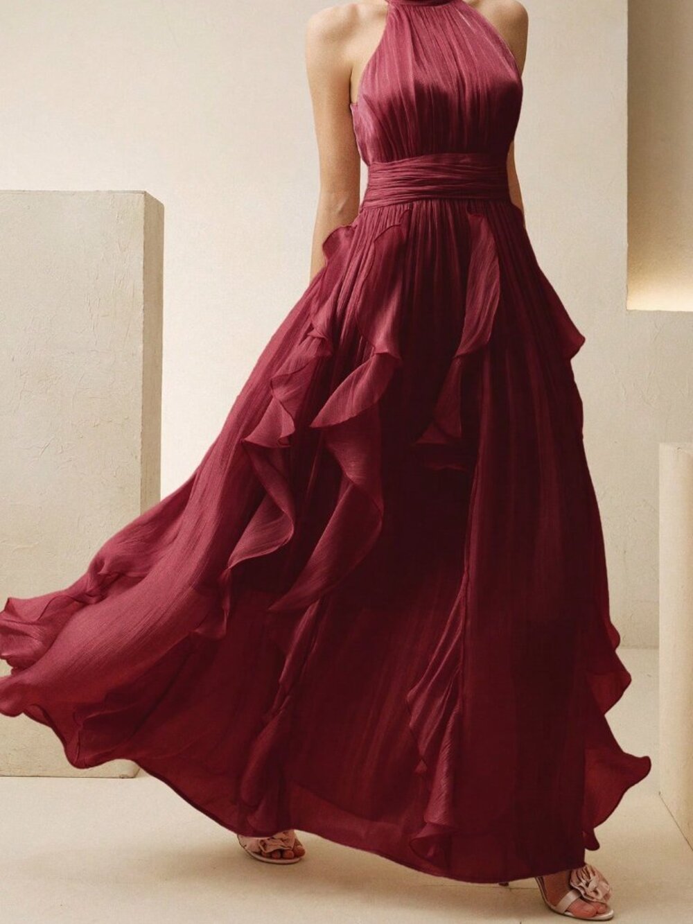 Red Elegant Women's Backless Zipper Long A-Line Dress - Picture 3 of 7